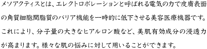 メソアクティスとは、エレクトロポレーションと呼ばれる電気の力で皮膚表面の角質細胞間脂質のバリア機能を一時的に低下させる美容医療機器です。これにより、分子量の大きなヒアルロン酸など、美肌有効成分の浸透力が高まります。様々な肌の悩みに対して用いることができます。